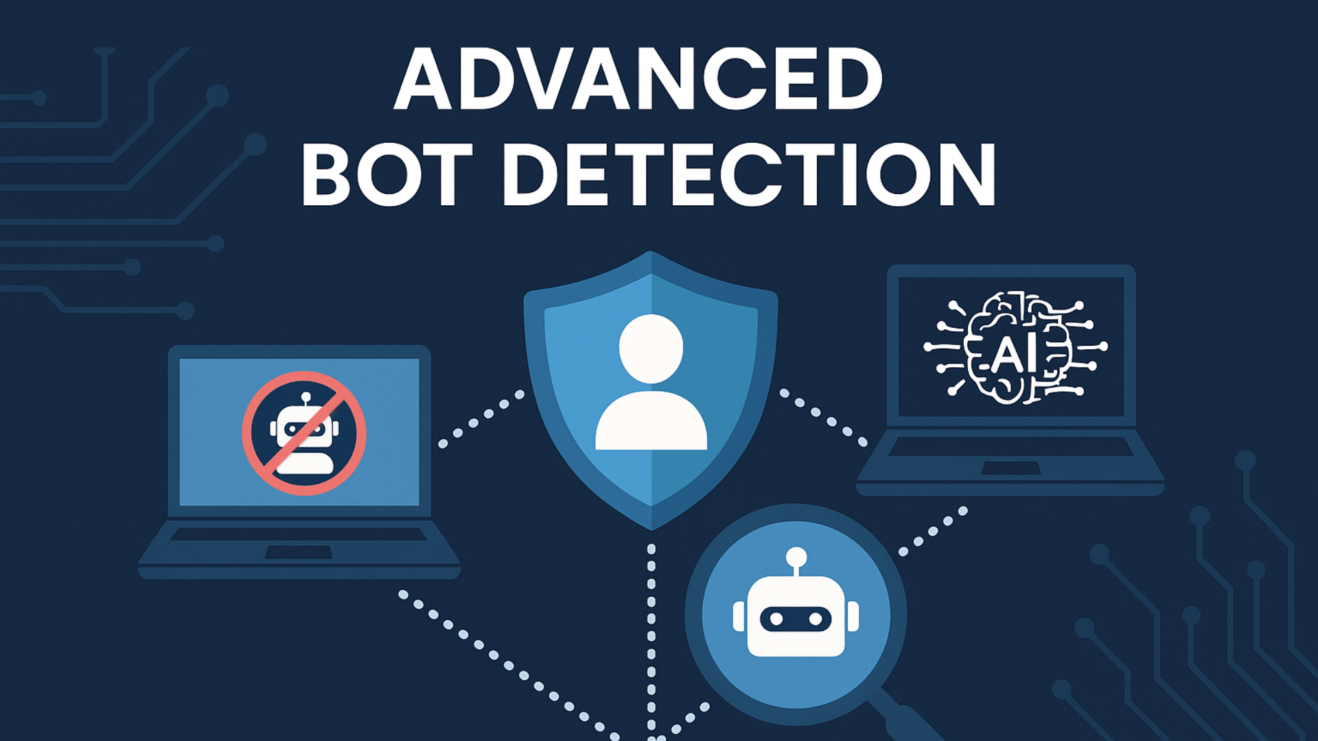 A digital illustration depicting advanced bot detection techniques. The image shows a protective shield symbolizing security, with various elements representing bot detection methods, such as CAPTCHA, AI-powered analysis, and device fingerprinting. The shield is surrounded by icons representing bots and human users, emphasizing the protection of websites from automated threats. The design uses modern, sleek visuals to illustrate the concept of web security in a user-friendly way.