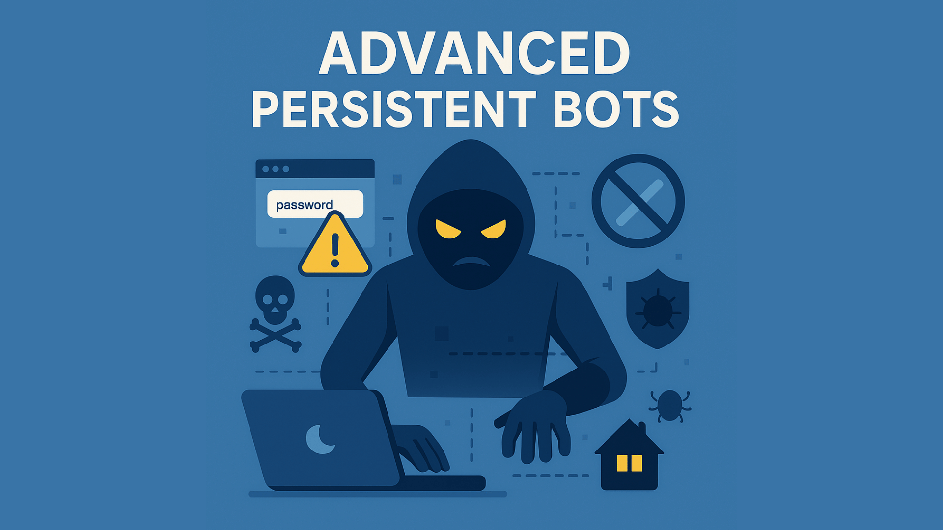 Flat-style digital illustration showcasing the theme of 'Advanced Persistent Bots' with a menacing, hooded robot holding a laptop and surrounded by digital security symbols like warning signs, shields, a skull, and a house representing proxies. The background features a gradient blue color scheme with dashed lines connecting various icons to emphasize digital threats and bot protection.