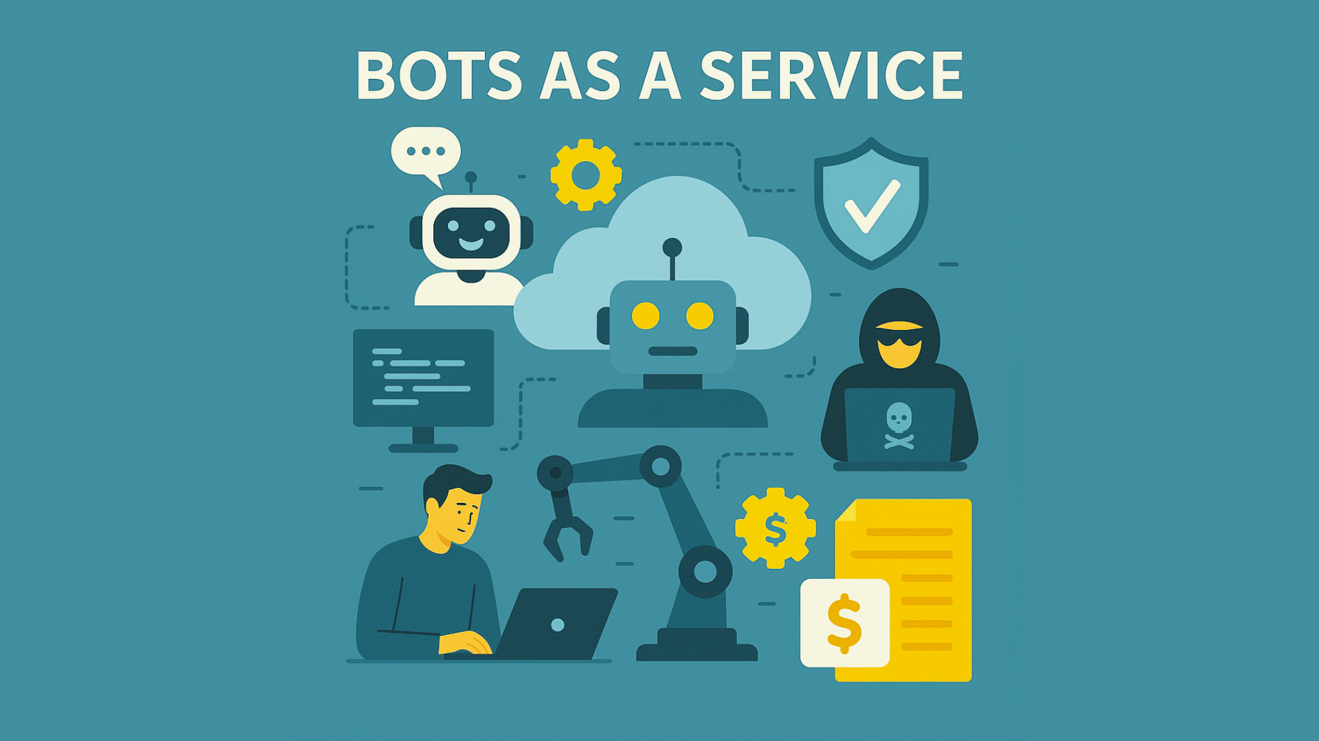 Digital illustration representing Bot as a Service (BaaS) with a chatbot, cloud connections, security shield, and robotic elements, showcasing automation and cybersecurity.