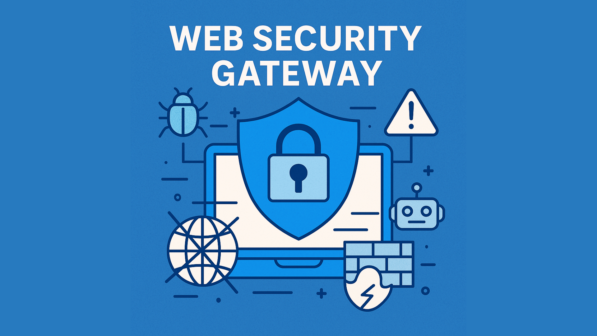 Flat-style digital illustration representing a Web Security Gateway with security elements such as a shield, network traffic, firewall, and lock, symbolizing protection against online threats.