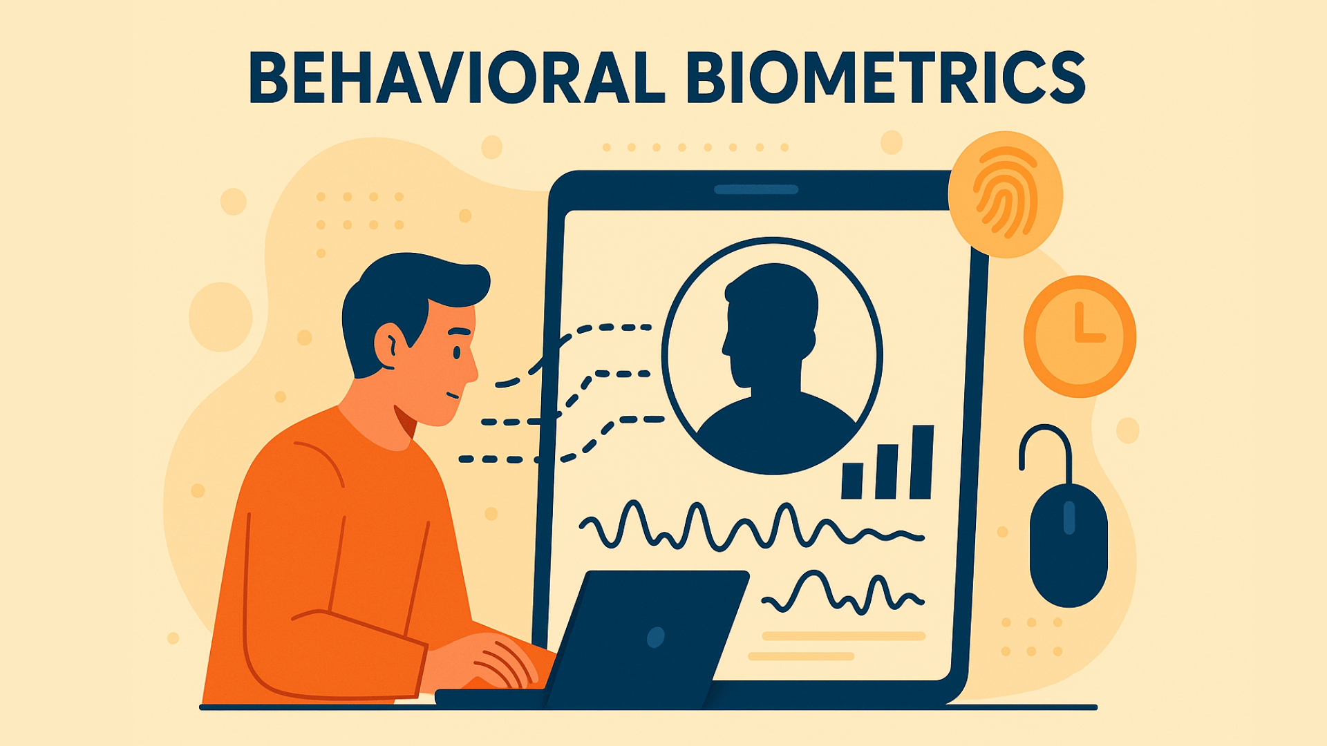 A flat-style digital illustration that explains the concept of behavioral biometrics. It features a man focused on a laptop, interacting with a screen displaying biometric data such as motion patterns, graphs, and icons representing security. The background is a warm beige color, highlighting the connection between human behavior and biometric analysis.