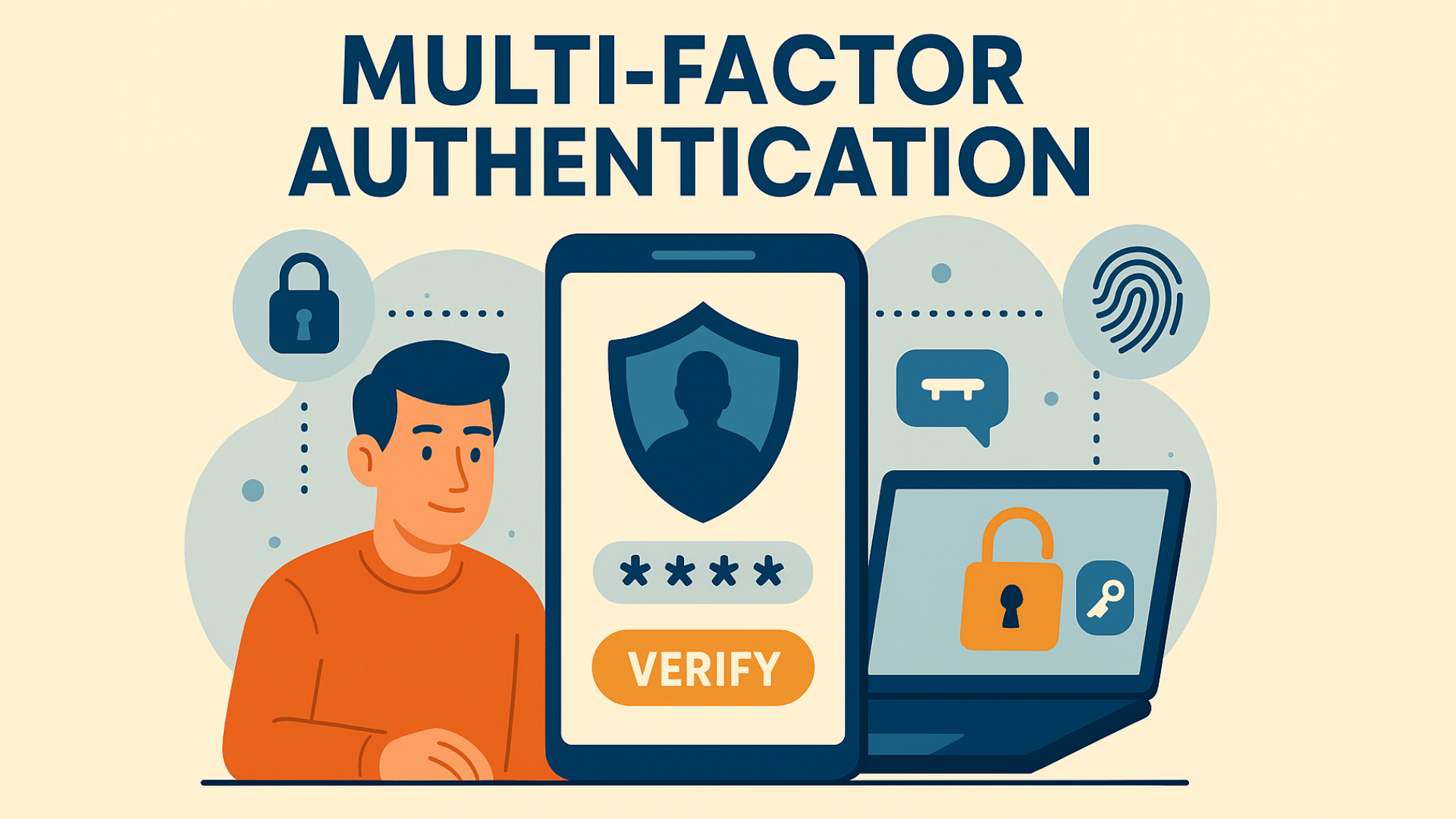 A flat-style digital illustration depicting Multi-Factor Authentication (MFA). The image features a male character interacting with a smartphone displaying a shield icon, along with a password field and a "verify" button. The background includes symbols representing security, such as a padlock, fingerprint, and key, highlighting the different steps in the MFA process.
