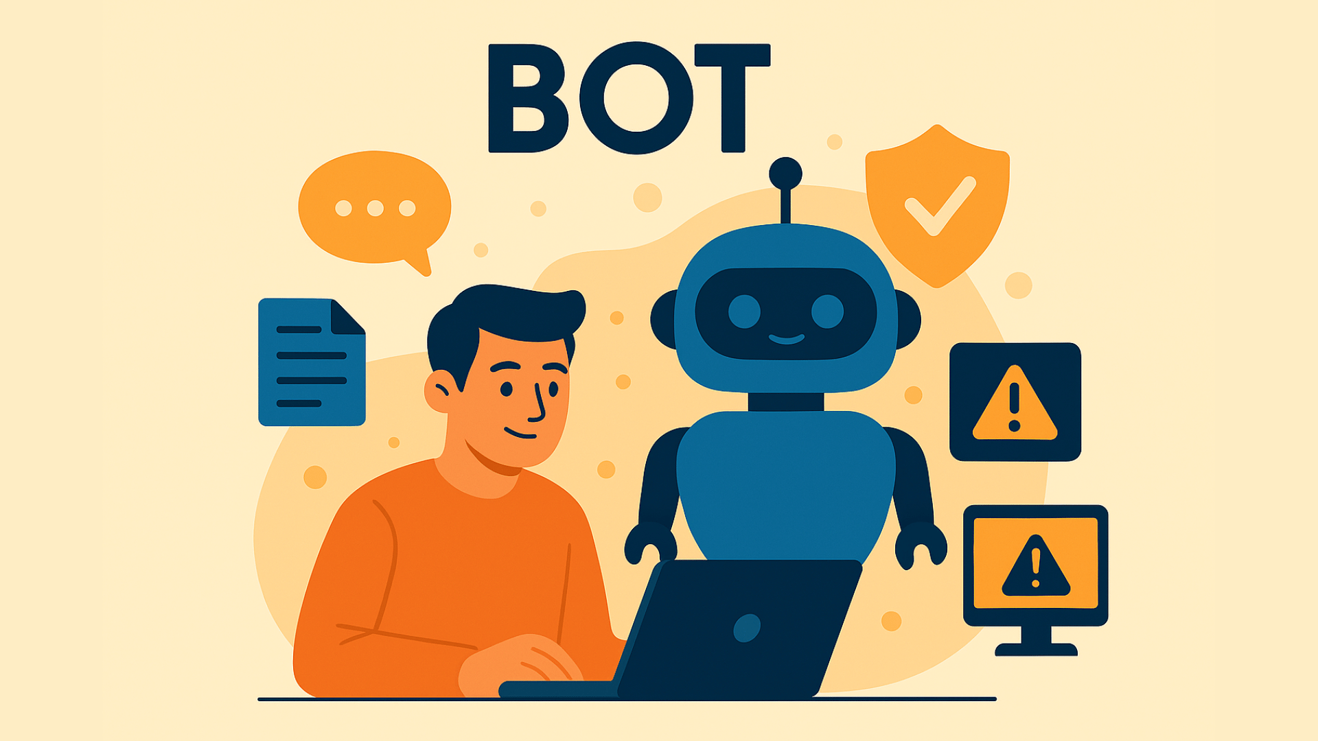 The image shows a person sitting at a laptop, interacting with a HELPFUL bot next to them. The bot is blue with a friendly smile, and there are several icons around it, including a shield with a checkmark, warning icons on computer screens, and a speech bubble symbolizing communication. The background is a soft beige, with orange and navy blue accents. The word "BOT" is displayed prominently at the top.