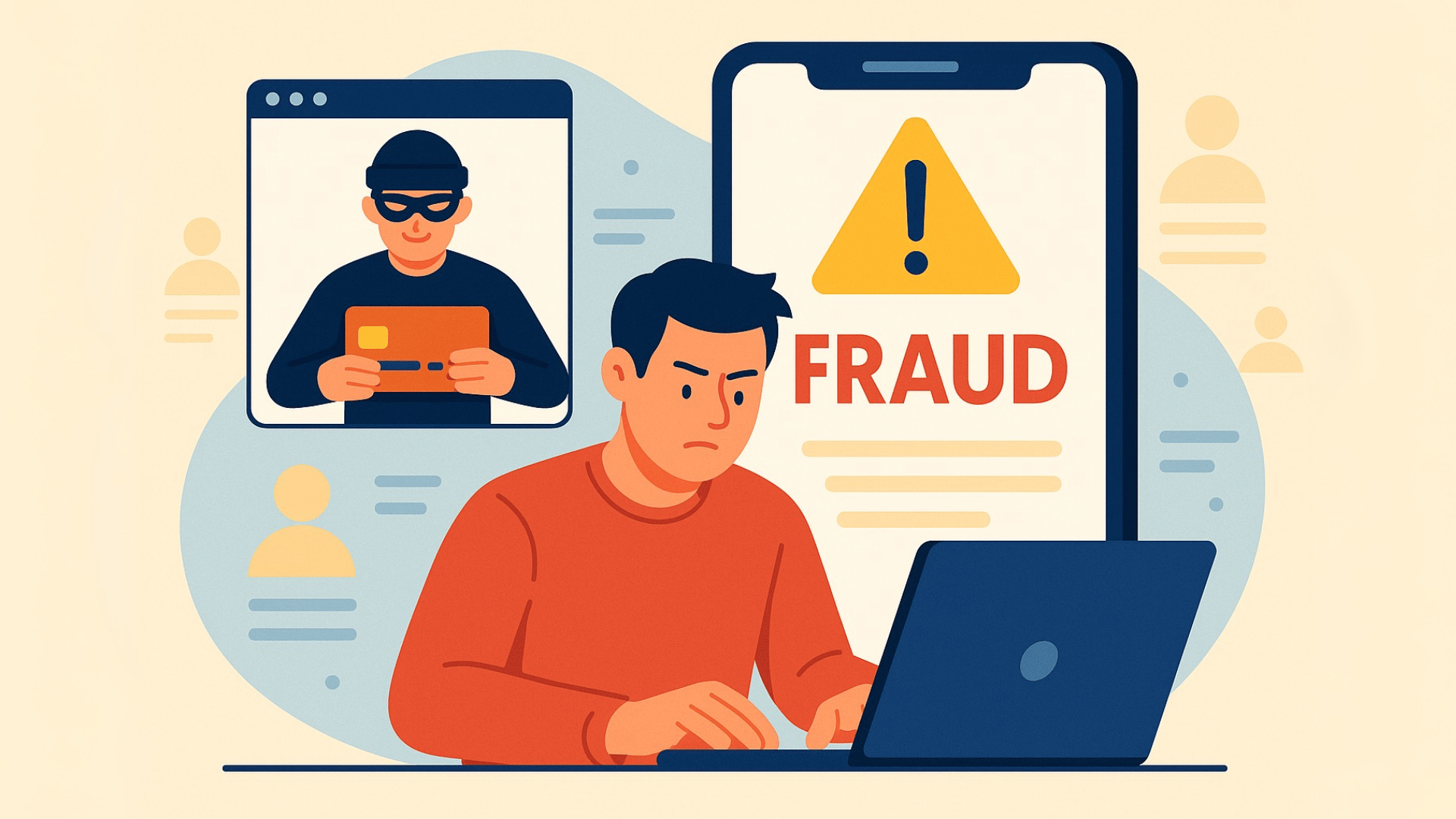 person in front of a computer and a fraud alert