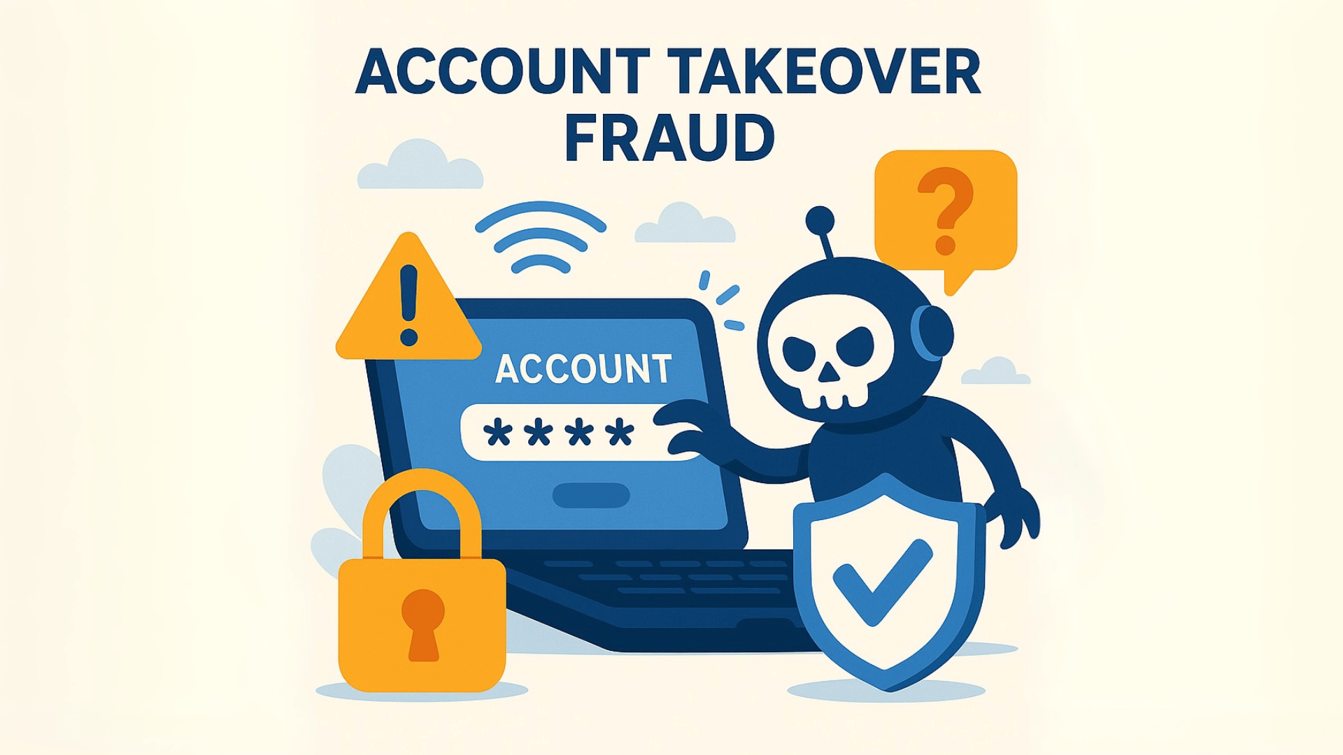 Illustration of Account Takeover Fraud (ATO) concept, depicting a person experiencing unauthorized access to their online accounts, with visual cues representing security breaches and fraud, such as padlocks, digital locks, and suspicious activity