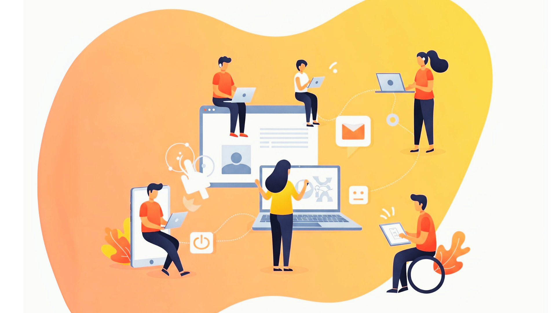 Modern flat vector illustration depicting diverse individuals interacting with various digital devices