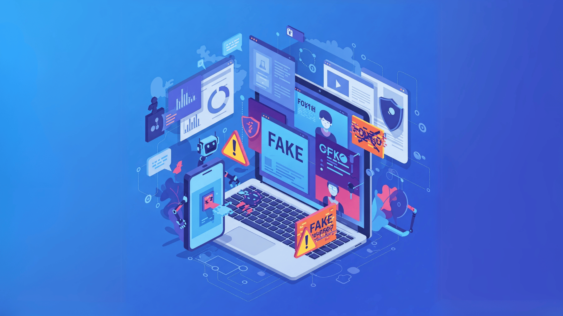Flat vector illustration of ad fraud in digital marketing, showing a laptop and smartphone with glowing and distorted ads. Robotic arms and bots interact with ads, alongside warning signs and security shields. Vibrant colors and tech-themed background elements highlight the concept of online ad manipulation and protection.