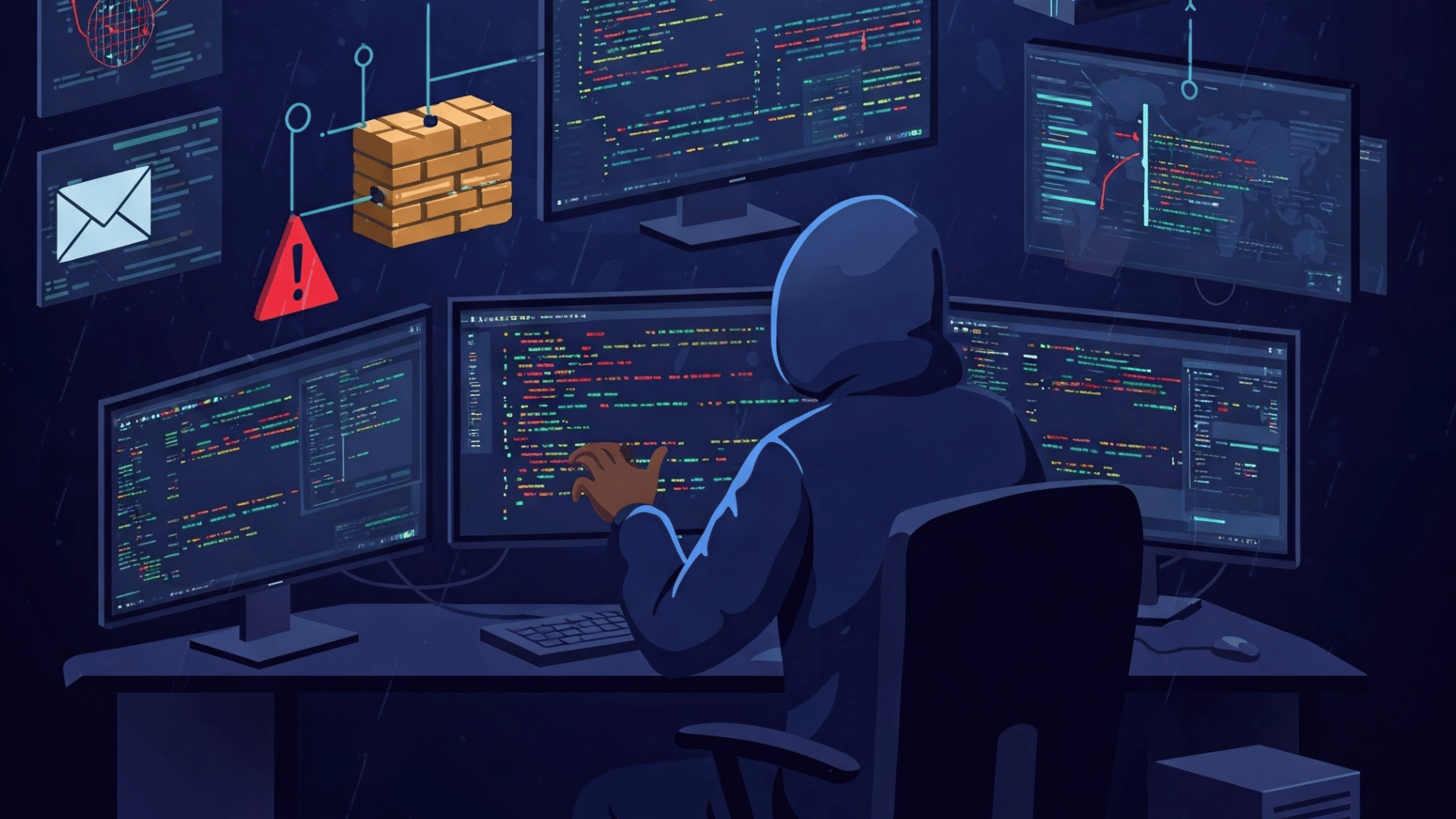 Illustration of a cybersecurity command center with a hooded hacker at a multi-screen workstation, surrounded by holographic data interfaces and network maps.