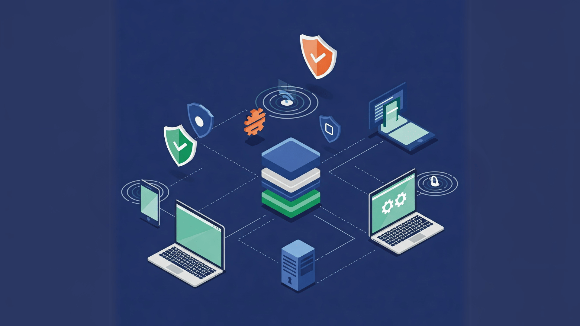 A flat vector graphic illustrating Zero Trust Security. Various interconnected devices like laptops, smartphones, and servers are shown as simple geometric shapes.