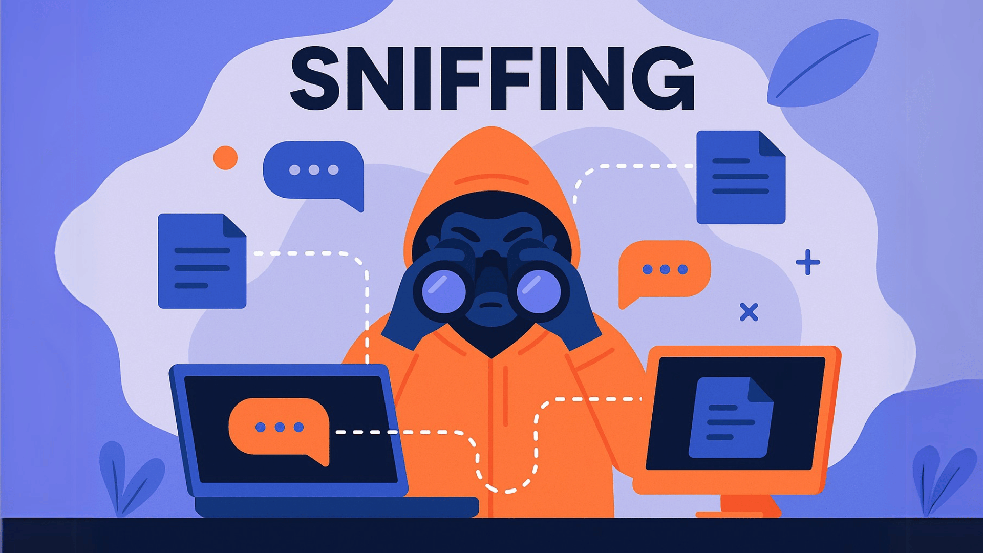 A flat-style digital illustration showing a computer network with data packets flowing between devices. One device is highlighted with a magnifying glass, symbolizing packet sniffing, while others represent typical network components like routers and servers. A hooded figure in the background suggests unauthorized surveillance or cyber eavesdropping.