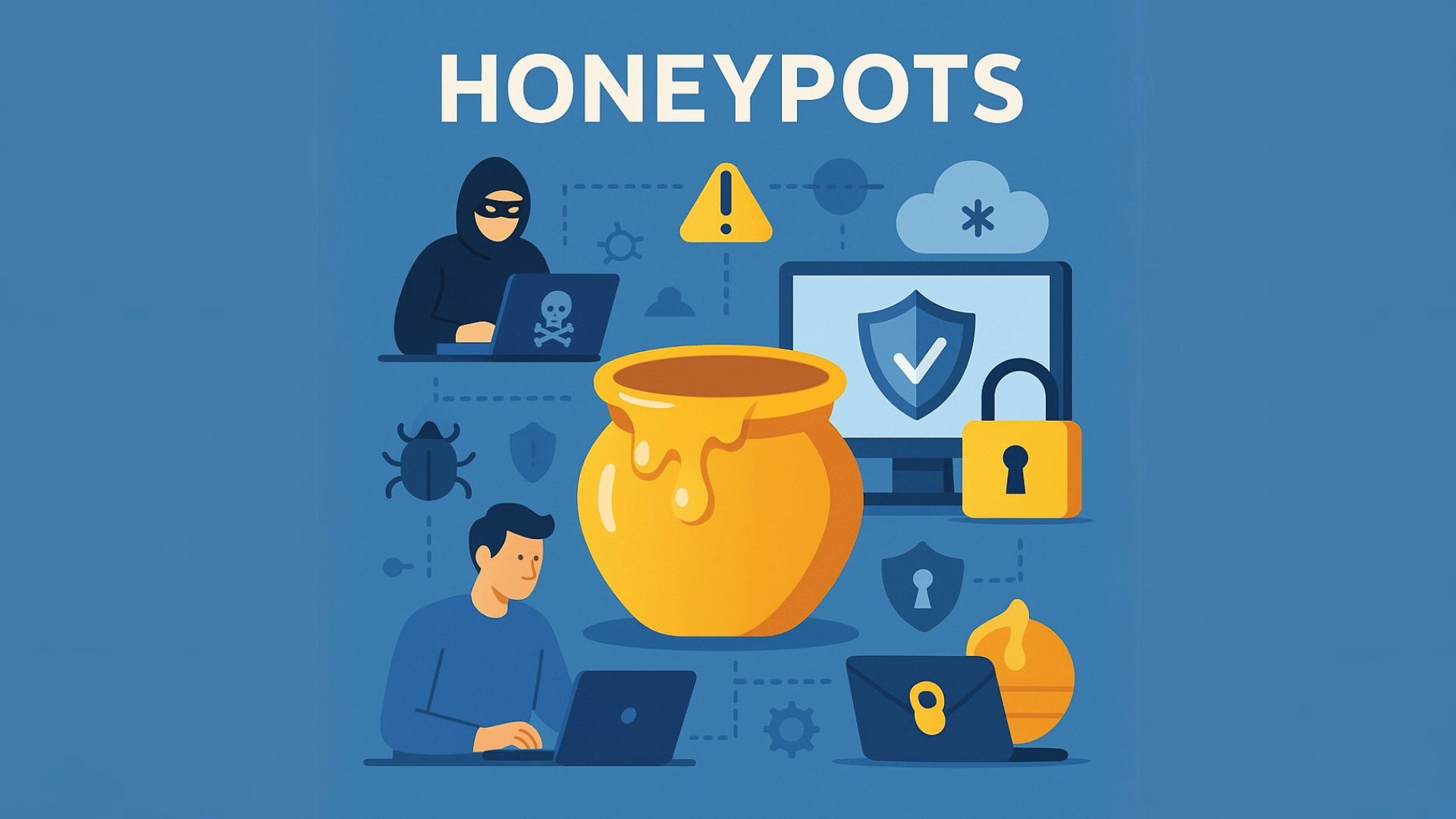 An illustration showing a digital honeypot in the context of cybersecurity, with visual elements representing cyber attackers being diverted or trapped by the decoy system.