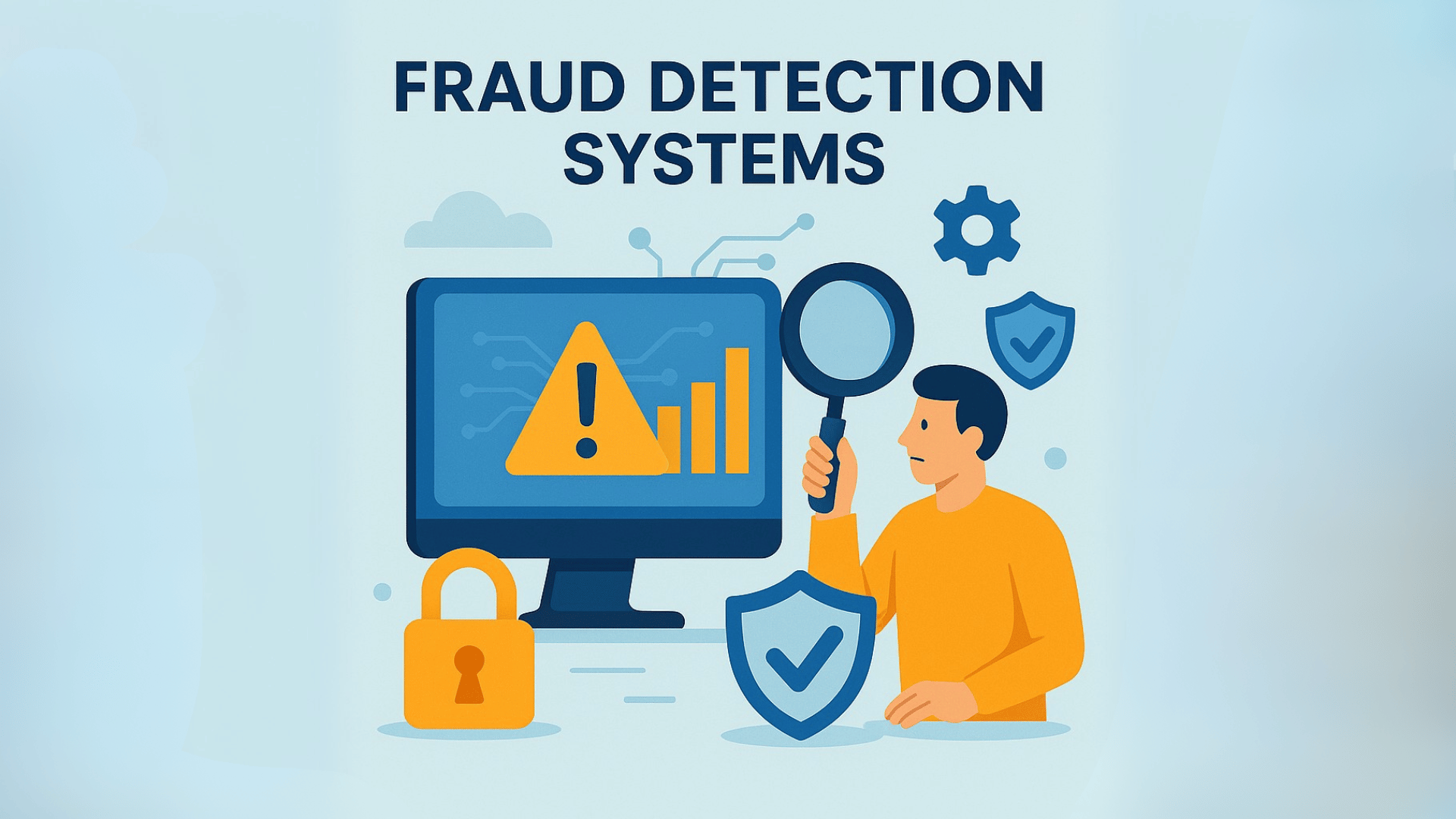 A digital illustration featuring a laptop displaying a warning sign and a bar graph. A person is holding a magnifying glass, inspecting the screen. Surrounding the image are icons of shields, a lock, and a checkmark, symbolizing security and fraud detection. The background is light blue with abstract geometric patterns.