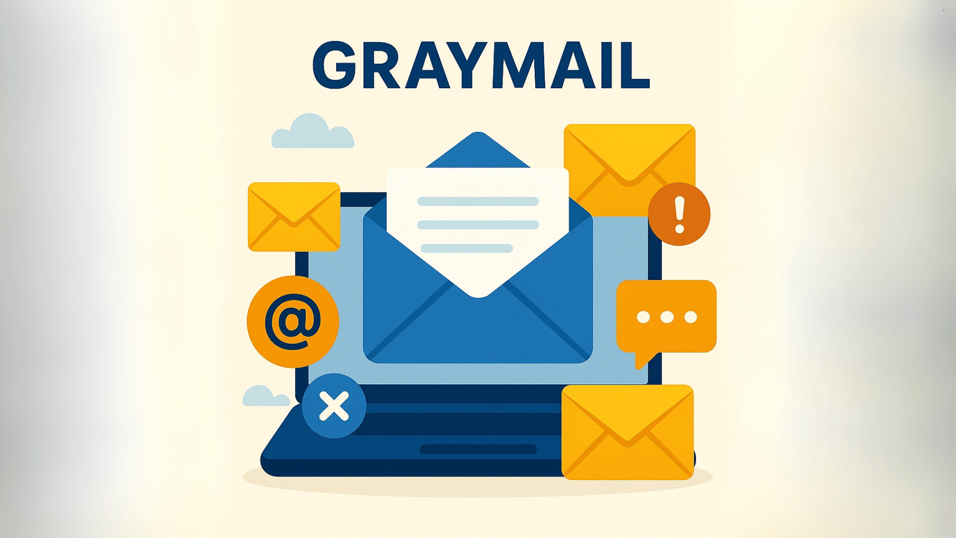 A digital illustration of a laptop with a large blue envelope on the screen, surrounded by colorful envelope icons, a warning sign, and speech bubbles. The background is light beige with soft, fluffy clouds. The image visually represents the concept of graymail, which consists of unwanted but legitimate emails.