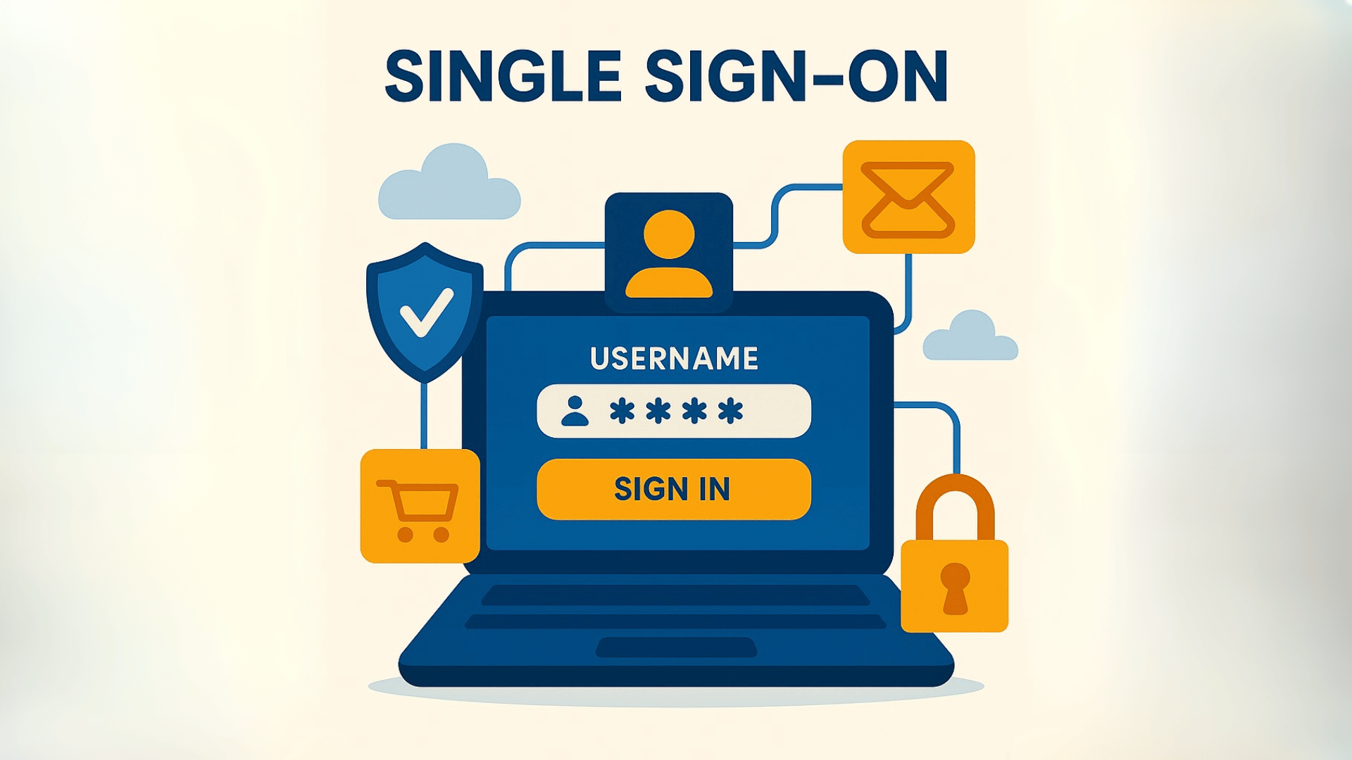 : A digital illustration featuring a laptop with a login screen displaying fields for username and password, along with a "SIGN IN" button. The screen also features a circular orange-yellow user icon. Surrounding the laptop are smaller icons representing email, shopping, and security, including a lock and a checkmark shield, with clouds in the background. The design uses a color palette of deep blue, orange-yellow, light beige, and white.
