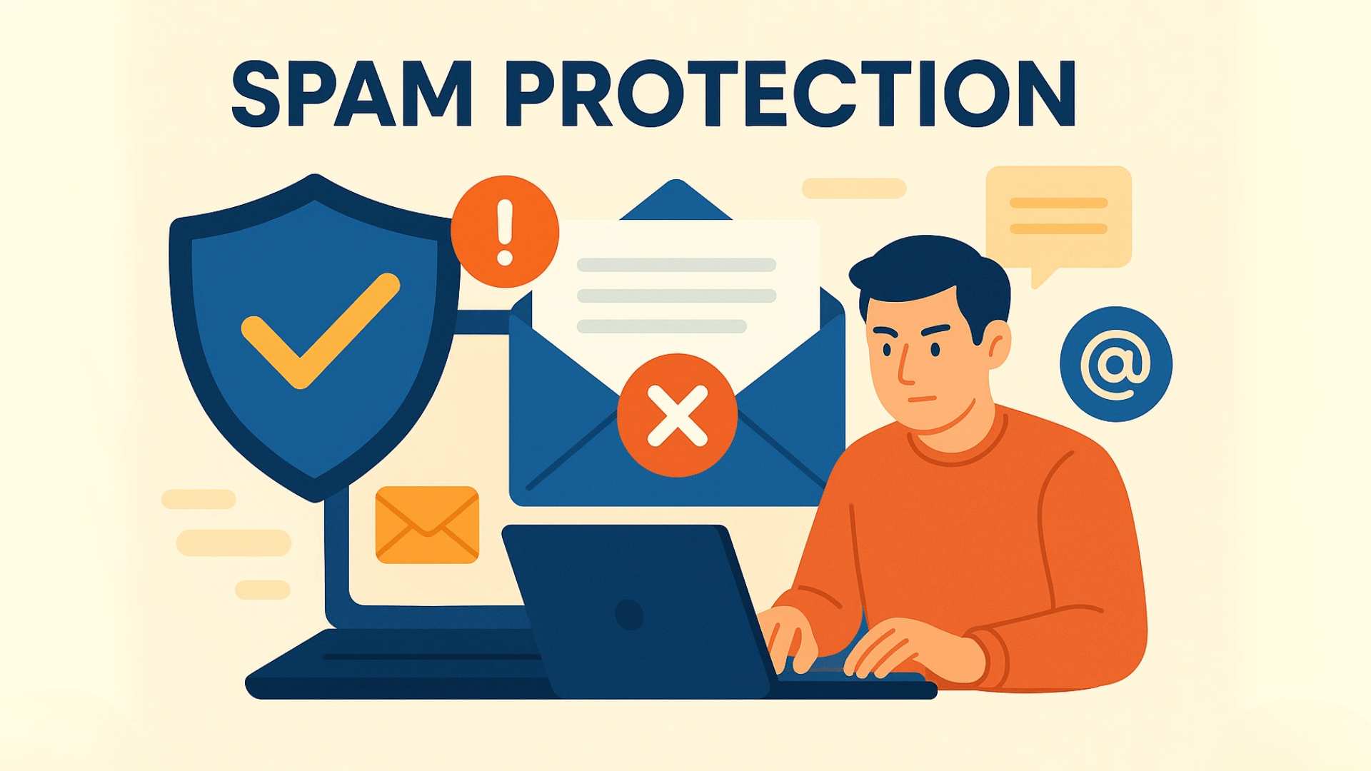 A digital illustration depicting "SPAM PROTECTION" in bold text, with a man sitting at a laptop, typing. In the background, there's a shield with a checkmark symbolizing protection, alongside a red-envelope icon with an "X" to represent spam messages. The design features vibrant navy blue, orange, and light beige tones.