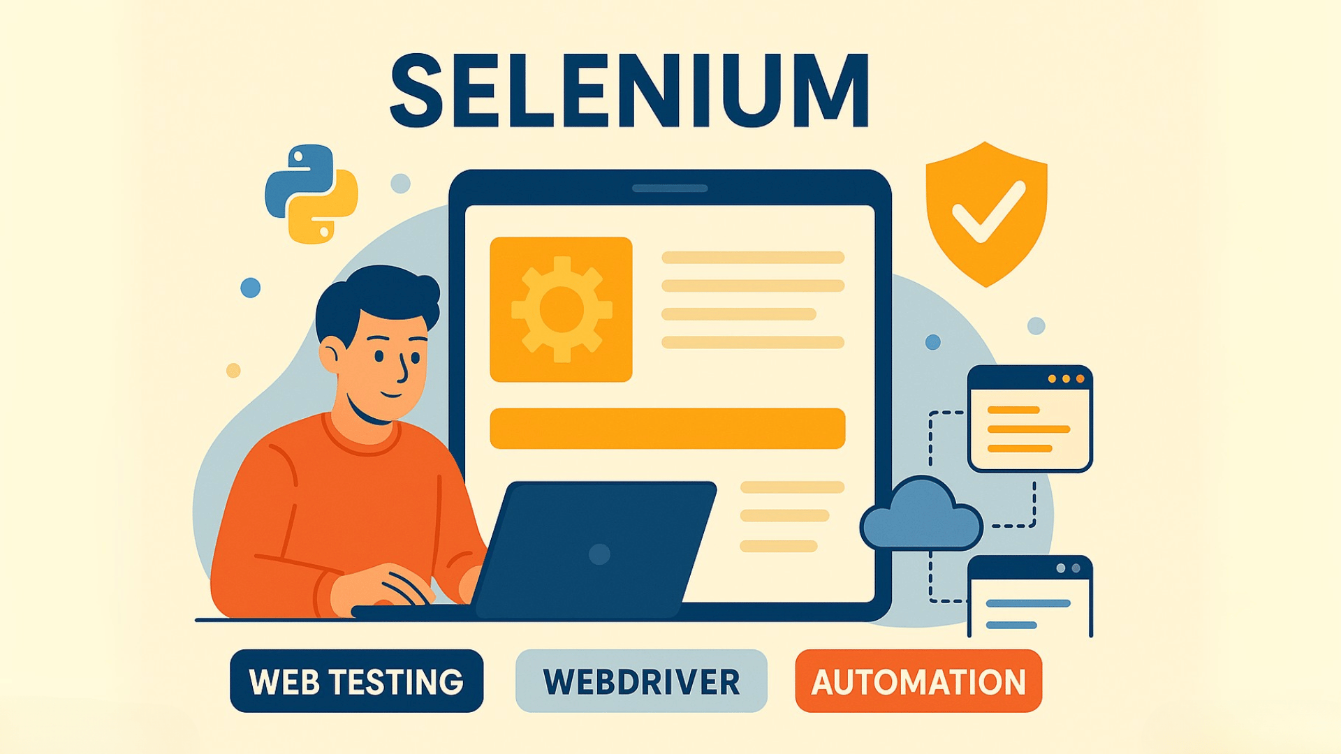 A digital illustration depicting the concept of Selenium, with bold "SELENIUM" text at the top. In the center, a character interacts with a laptop, and a large tablet screen displays a webpage interface with a gear icon. Surrounding the scene are icons representing web testing, the WebDriver tool, and automation, along with colorful accents in blue, orange, and yellow.