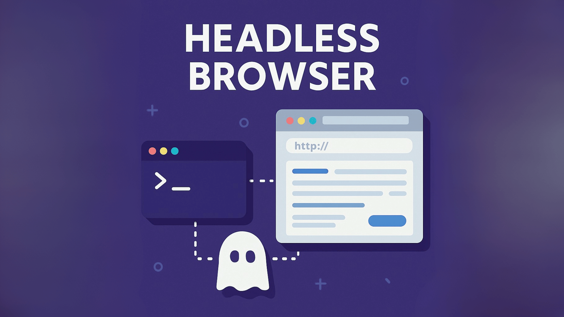 A digital illustration depicting the concept of a headless browser. The image features the text "HEADLESS BROWSER" at the top, with a browser window on the right and a command-line interface (CLI) window on the left. Dashed lines connect the two windows to an invisible ghost icon in the center, symbolizing the seamless and invisible nature of headless browsers. The design uses a dark blue background with a color palette of blue, gray, and white, with clear lines and rounded corners highlighting the concept of web automation.