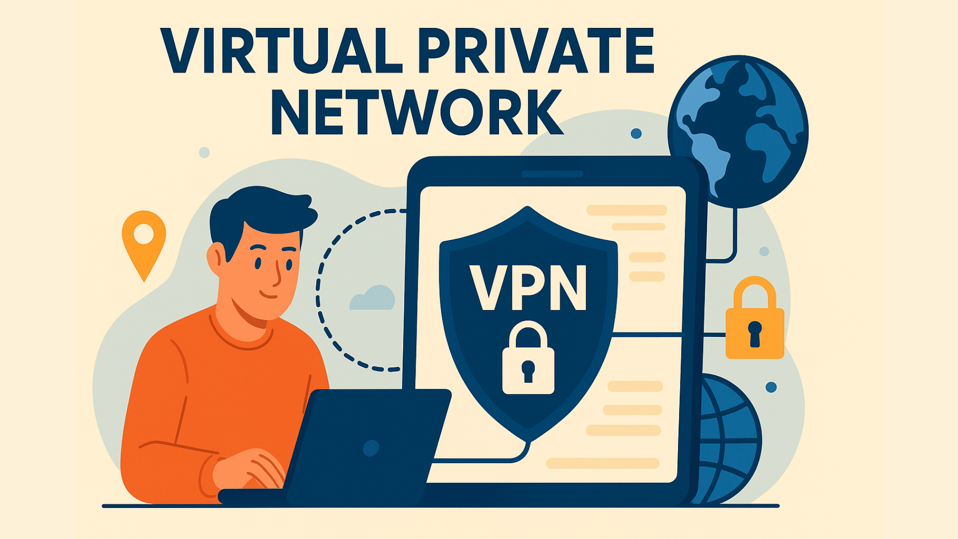 Flat-style digital illustration representing a Virtual Private Network (VPN) with secure internet connections, encryption, and server icons, symbolizing privacy and online security