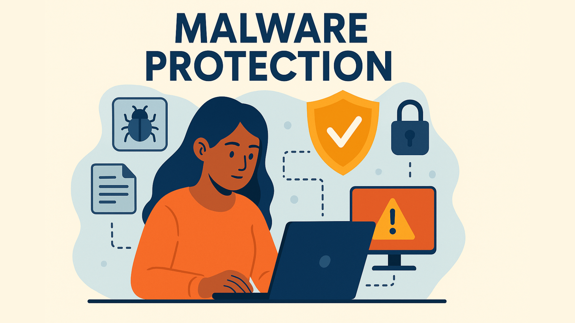 The image shows a young woman with medium skin tone and long, dark blue hair sitting at a desk, focused on her laptop. She wears an orange sweater, and surrounding her are various malware protection symbols like a golden shield with a checkmark, a bug icon, a document, and a padlock. These elements are linked by dotted blue lines against a light blue, cloud-like backdrop, highlighting the concept of malware protection.