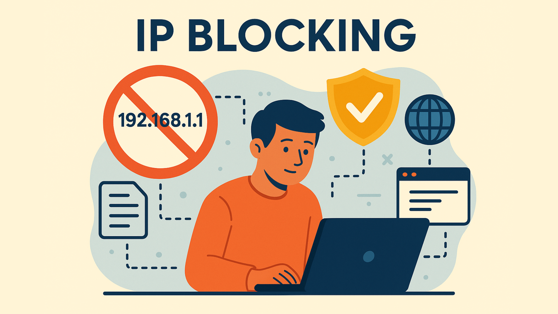 The image visually represents the concept of "IP BLOCKING" in an infographic style. It shows a person in an orange shirt working on a laptop, with various icons surrounding them, such as an IP address with a red prohibition sign, a security shield, and a globe. Dotted lines connect these icons, symbolizing the flow of data and protection. The background is soft beige with abstract cloud shapes, making the overall design simple and clear. The bold text "IP BLOCKING" sits at the top, emphasizing the focus of the image.