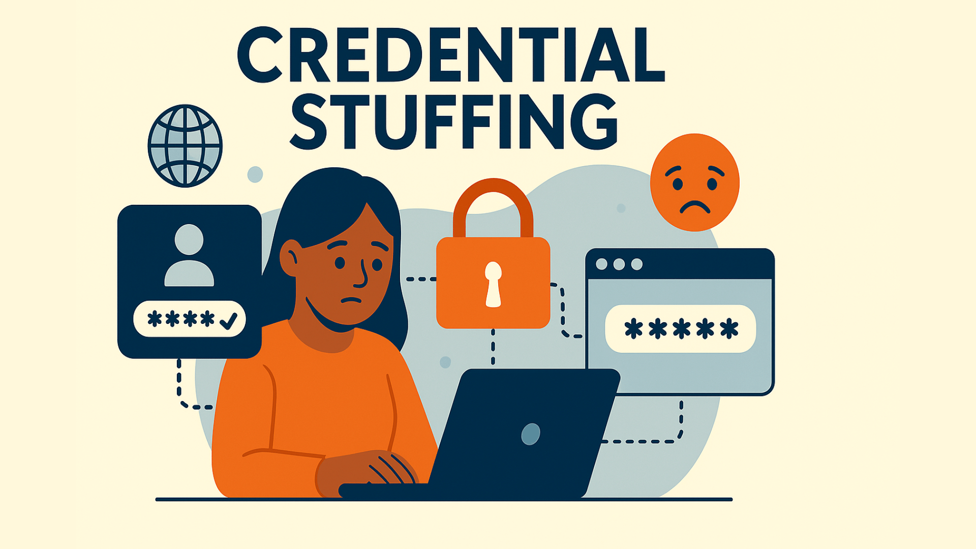 Una ilustración digital de estilo plano que explica visualmente el robo de credenciales. La imagen muestra a una mujer sentada frente a una laptop, con aspecto preocupado mientras revisa varias alertas de seguridad en la pantalla. Alrededor de la escena se encuentran iconos que simbolizan credenciales de usuario, contraseñas y posibles amenazas, con símbolos de advertencia que indican los riesgos de acceso no autorizado.