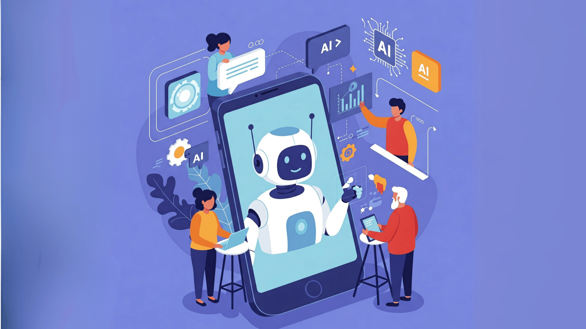 A vibrant, flat vector illustration depicts a white robot on a smartphone screen, surrounded by diverse people working on tasks, symbolizing the challanges between artificial and human intelligence.