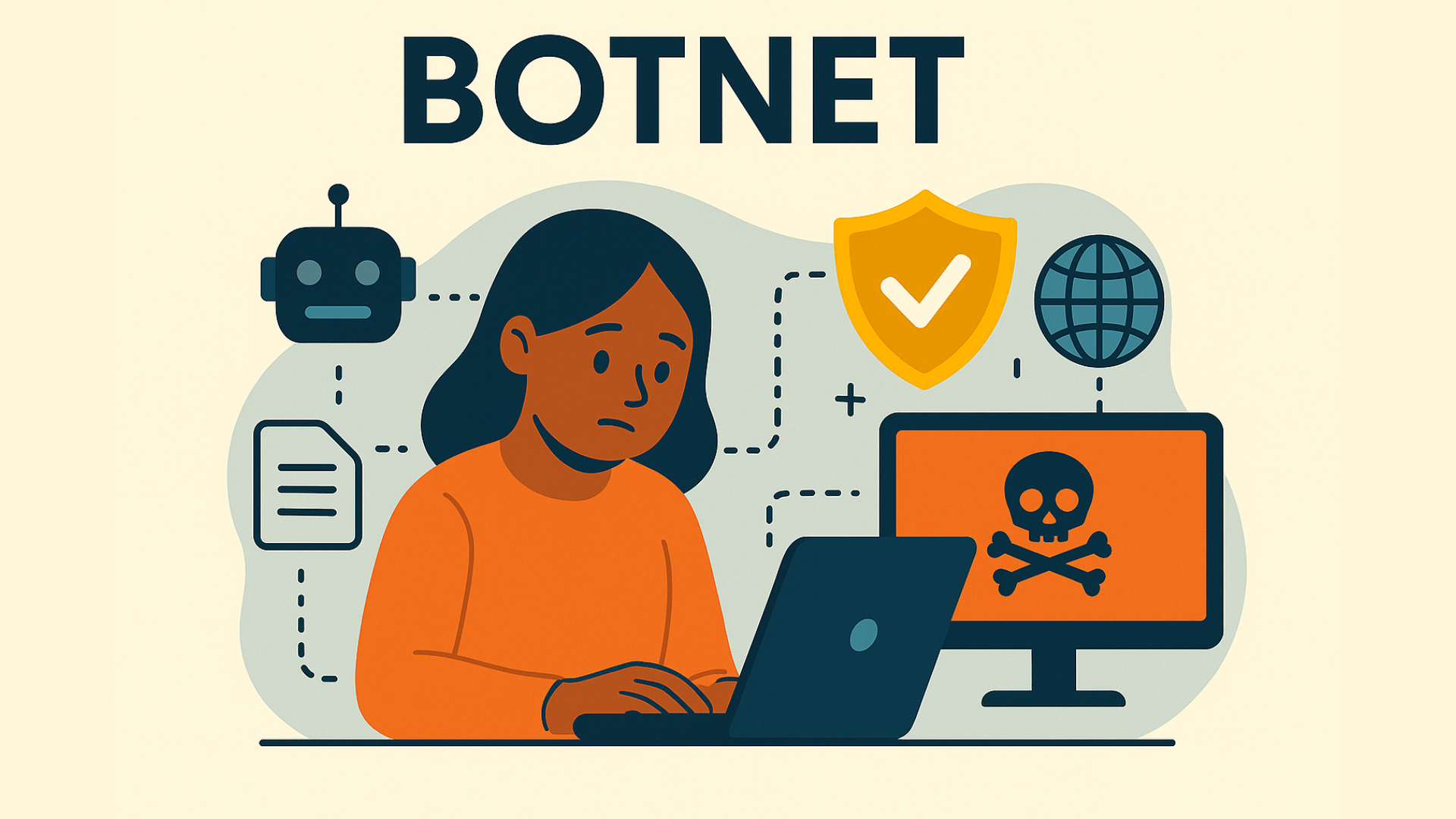 Un joven trabaja con una laptop, gestionando problemas de ciberseguridad relacionados con las amenazas de botnets. La imagen presenta un símbolo de escudo para la seguridad e iconos que representan dispositivos digitales, con énfasis en la protección de recursos en línea.