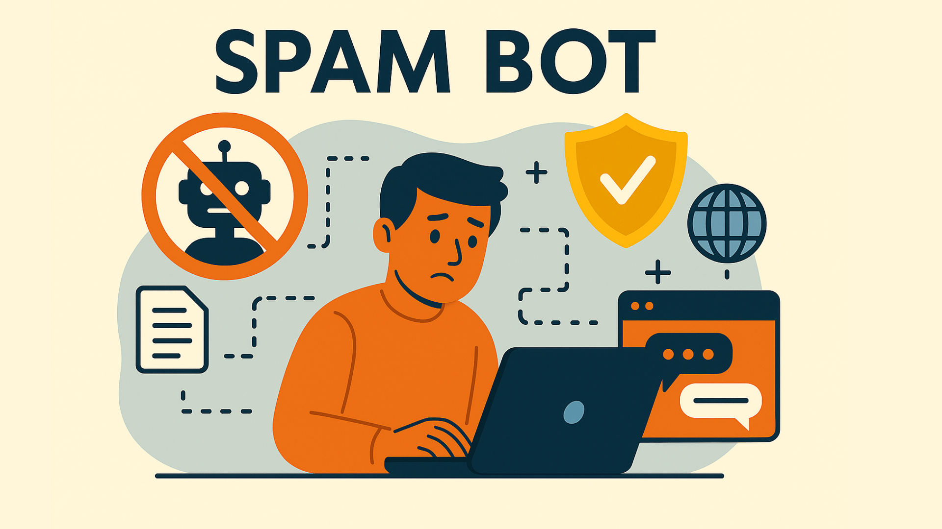 La imagen muestra a una persona trabajando en una laptop, rodeada de diversos elementos que simbolizan bots de spam, como íconos de correo electrónico, signos de exclamación y actividad informática sospechosa. El diseño resalta el concepto de bot de spam con un estilo colorido y plano, enfocado en la seguridad y la prevención.
