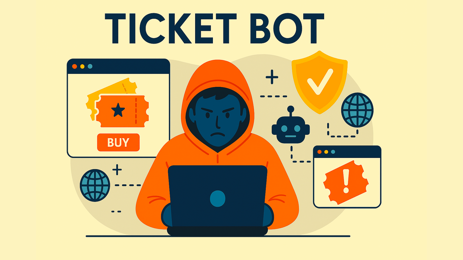 Ilustración que muestra un robot de venta de entradas que opera en un sitio web, representado por una figura robótica que interactúa con una página de compra de entradas, simbolizando actividades automatizadas de compra de entradas y reventa de entradas.