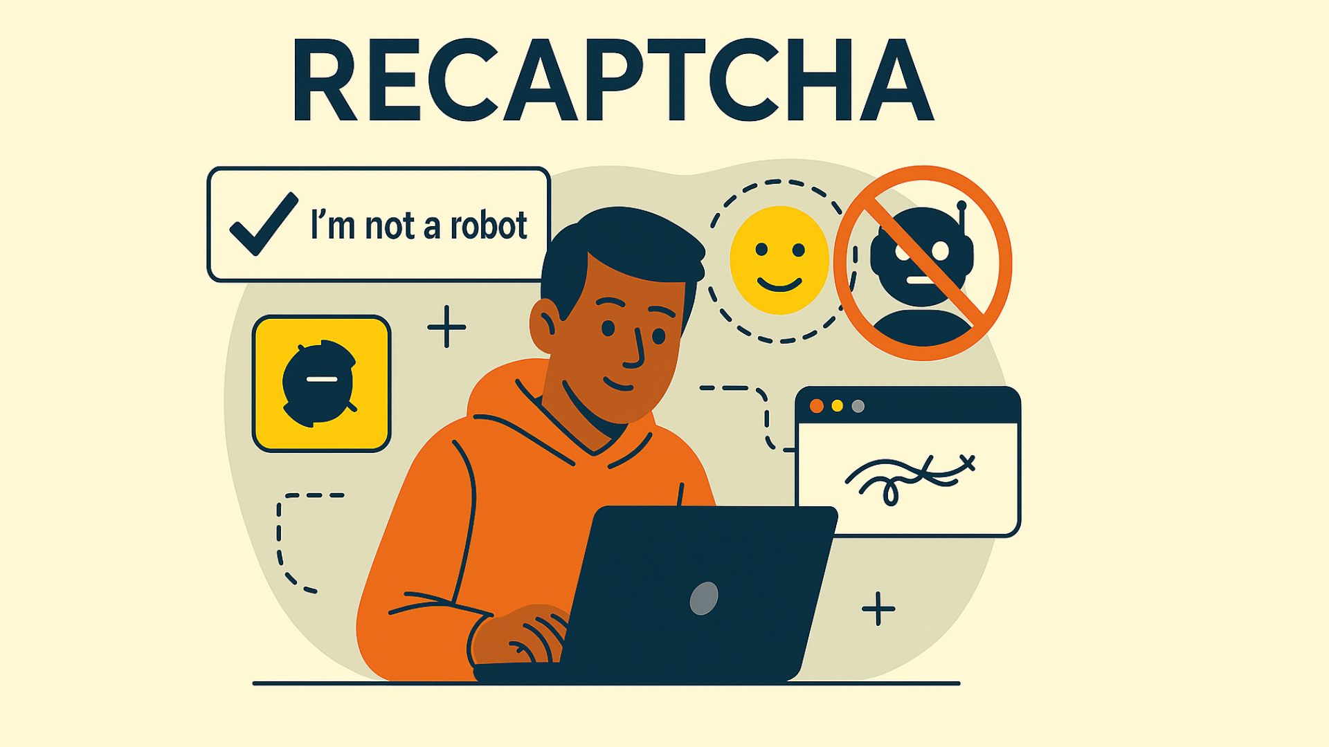 Ilustración digital que muestra a una persona interactuando con un formulario en línea para evitar bots, con símbolos de seguridad que representan la protección contra bots y las soluciones CAPTCHA.